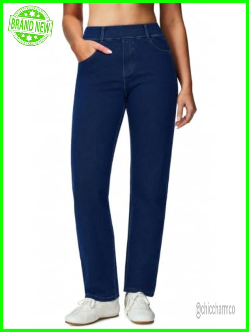 Stretchy Straight Leg Pull On Jeans High Waisted Tummy Control Pants